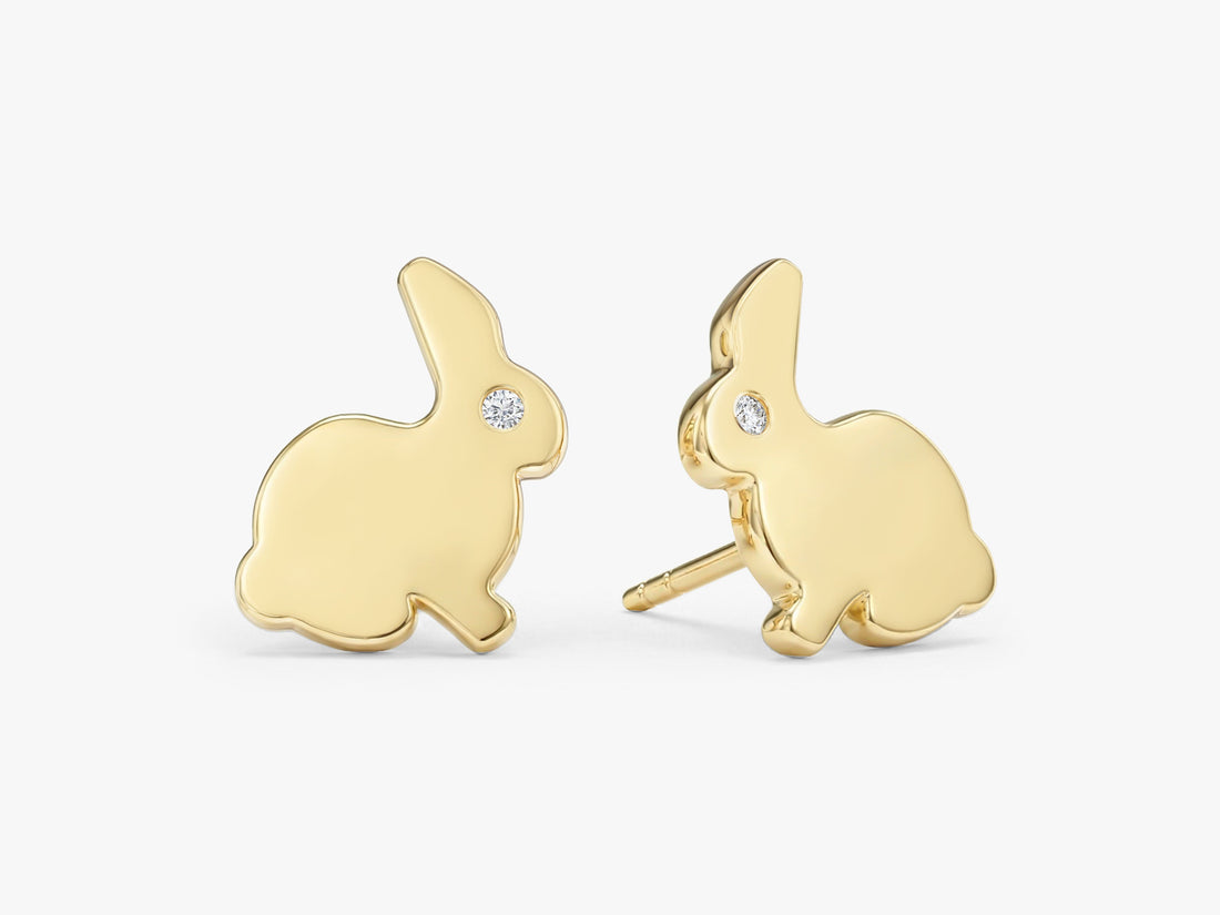 Pair of round bunny lab grown diamond stud earrings in yellow gold, E color VVS2 lab grown diamonds