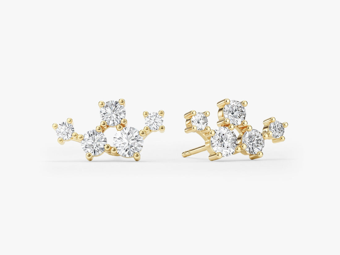Pair of round constellation cluster lab grown diamond stud earrings in yellow gold, E color VVS2 lab grown diamonds