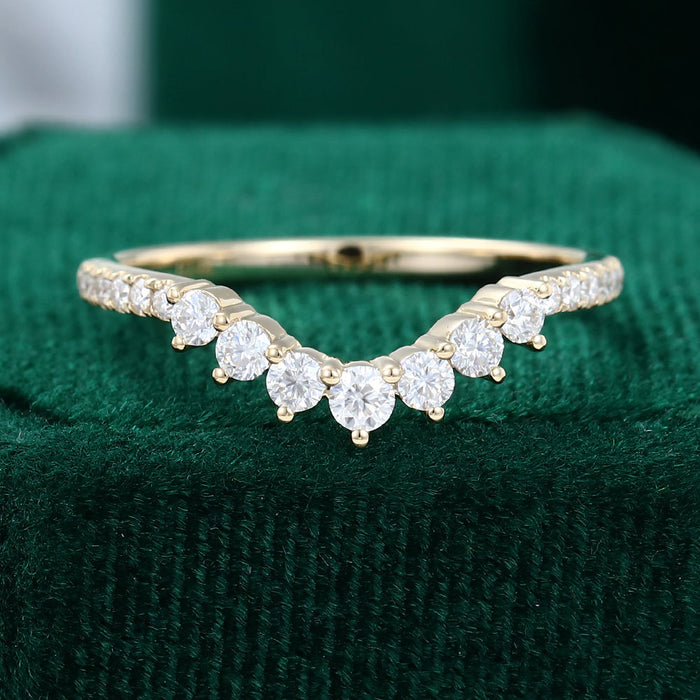 Round moissanite crown pave curved wedding band, front view in yellow gold