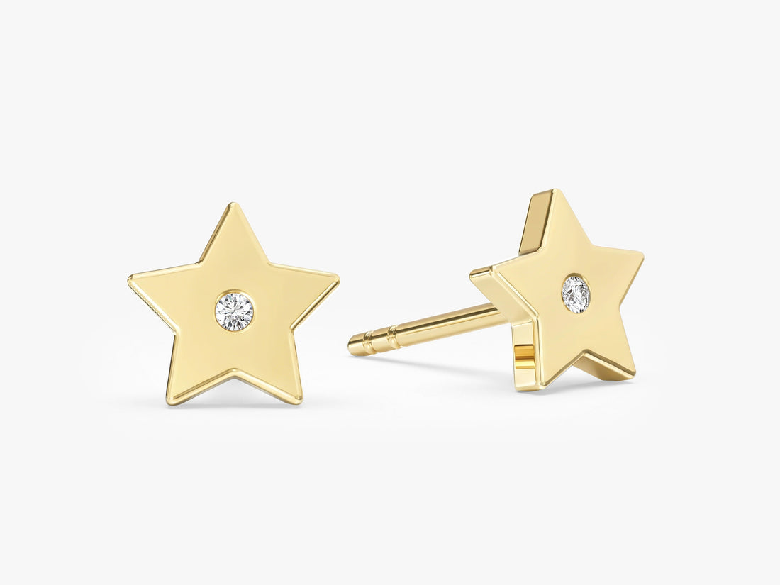 Pair of round flush set star lab grown diamond stud earrings in yellow gold, E color VVS2 lab grown diamonds