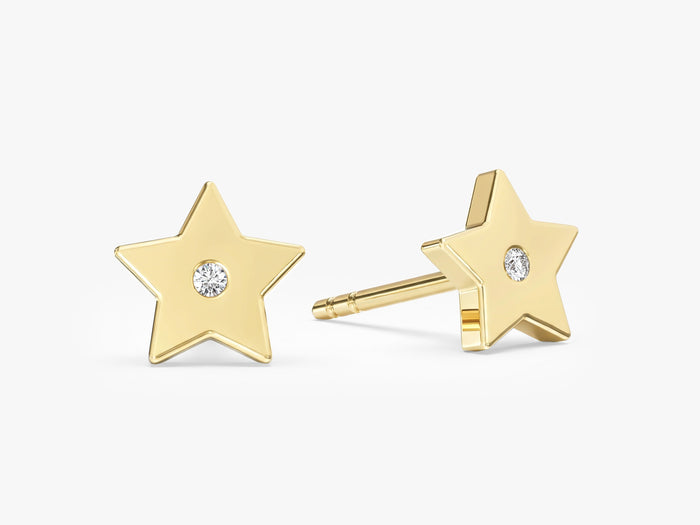 Pair of round flush set star lab grown diamond stud earrings in yellow gold, E color VVS2 lab grown diamonds