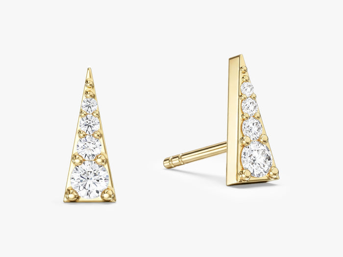 Pair of round graduated triangle lab grown diamond stud earrings in yellow gold, E color VVS2 lab grown diamonds