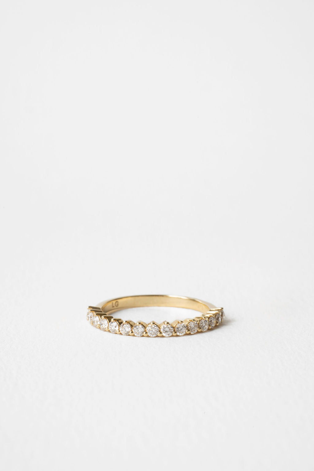 Round lab grown diamond half eternity wedding band in yellow gold
