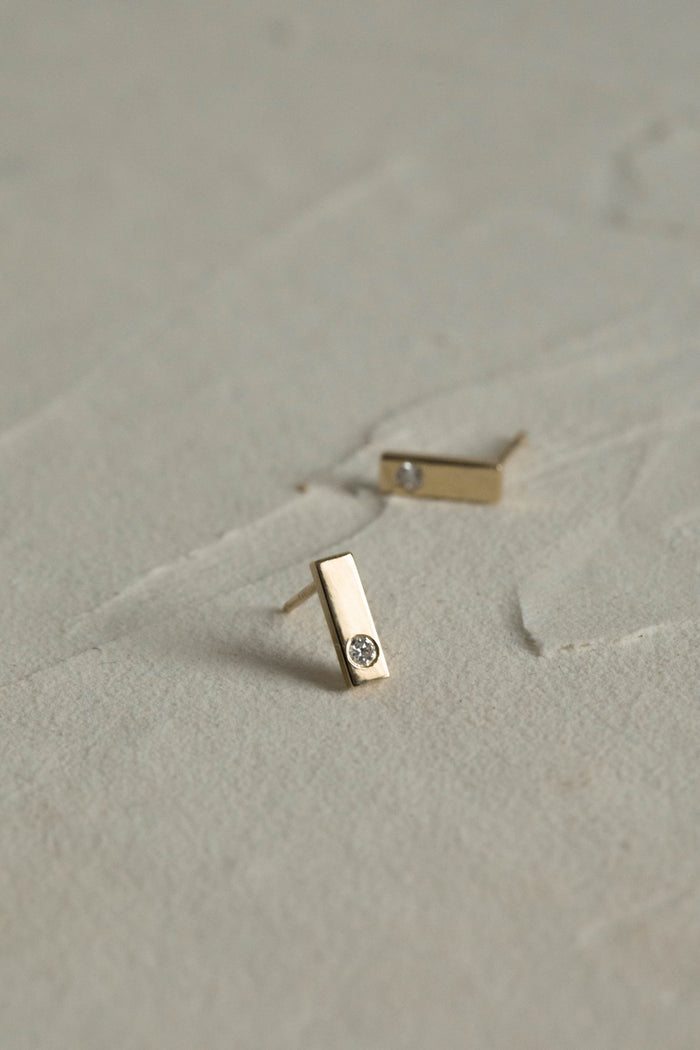 Round Moissanite Bar Stud Earrings, Minimalist Gold Bar Studs, view 2