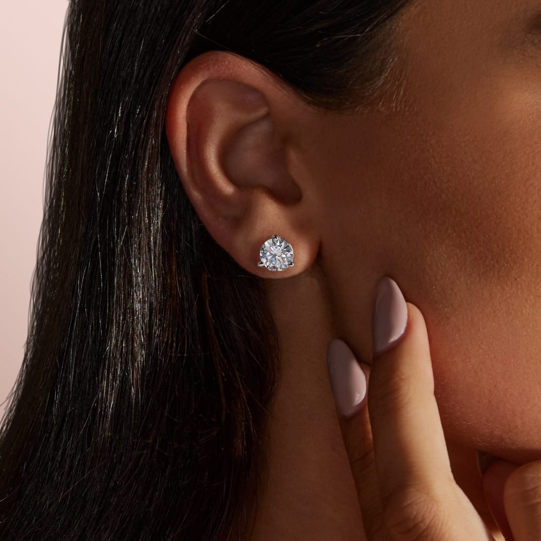 Round Moissanite Martini Stud Earrings, 3 Prong Solitaire Studs, view 1