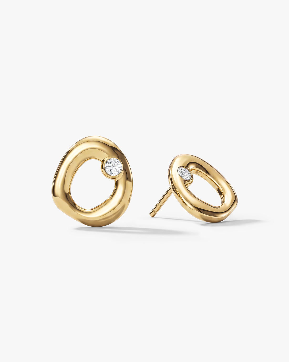 Pair of round open circle lab grown diamond stud earrings in yellow gold, E color VVS2 lab grown diamonds