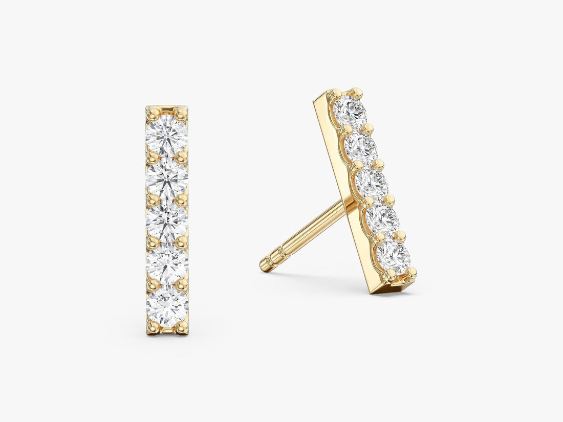 Pair of round pave bar lab grown diamond stud earrings in yellow gold, E color VVS2 lab grown diamonds