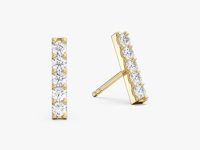 Pair of round pave bar lab grown diamond stud earrings in yellow gold, E color VVS2 lab grown diamonds