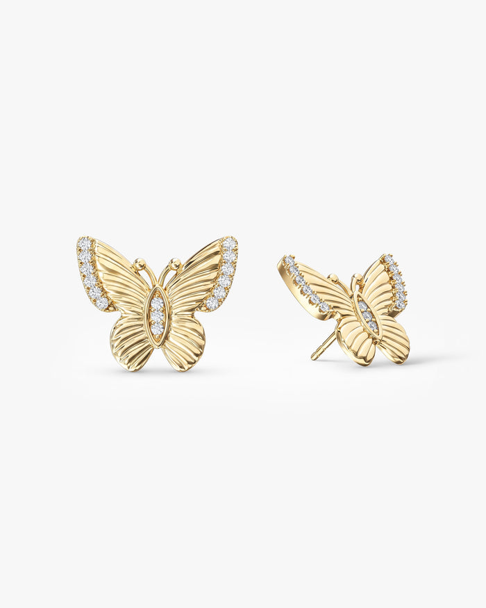 Pair of round pave butterfly lab grown diamond stud earrings in yellow gold, E color VVS2 lab grown diamonds