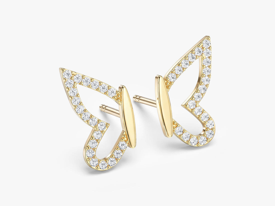 Pair of round pave butterfly outline lab grown diamond stud earrings in yellow gold, E color VVS2 lab grown diamonds