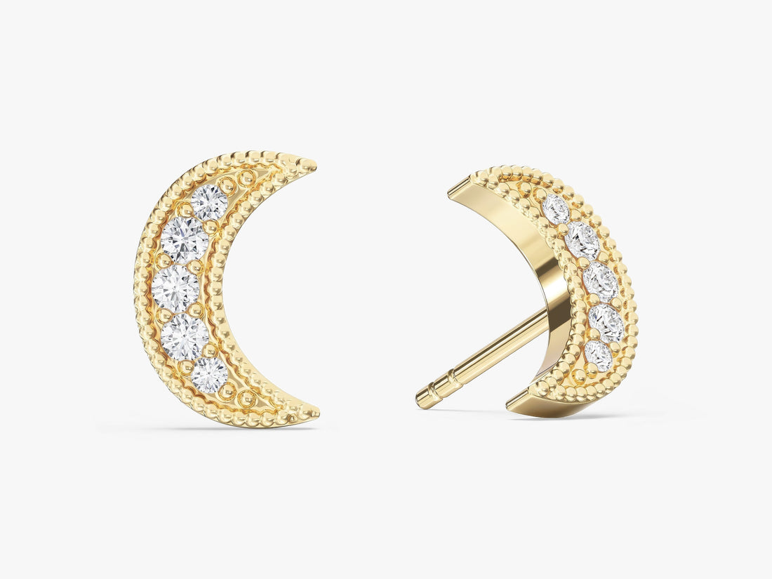 Pair of round pave crescent moon lab grown diamond stud earrings in yellow gold, E color VVS2 lab grown diamonds