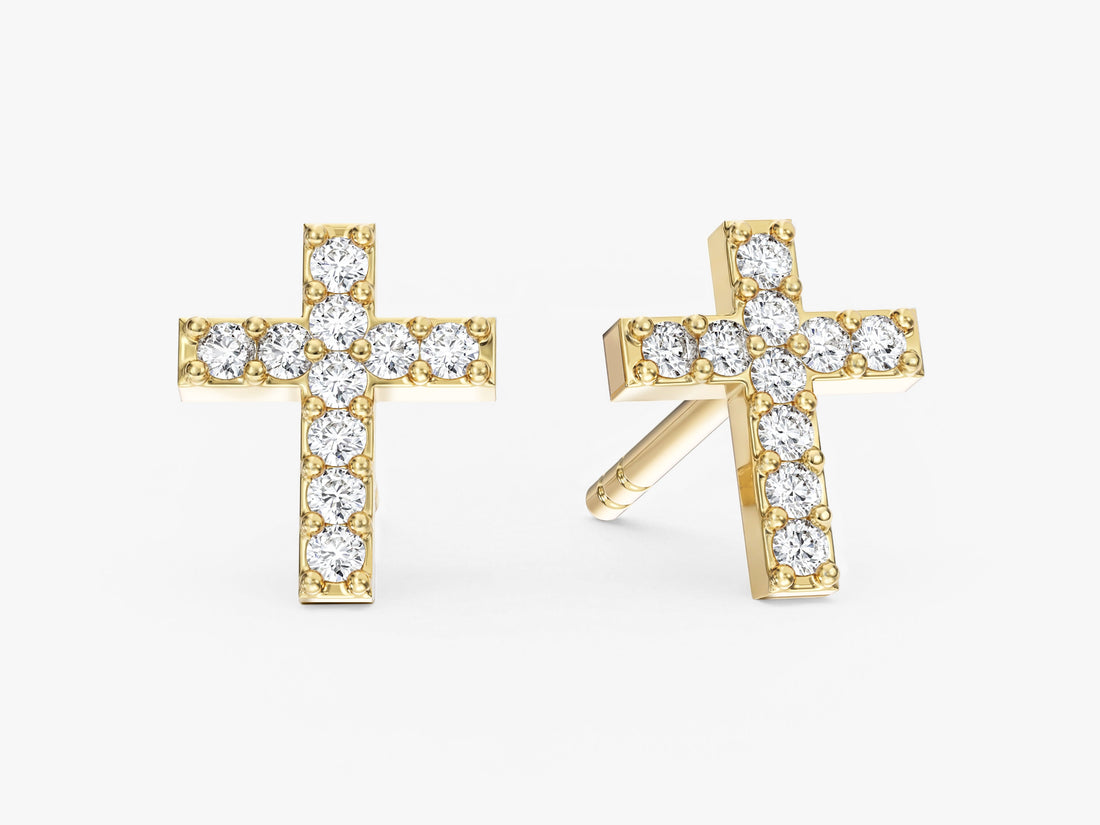 Pair of round pave cross lab grown diamond stud earrings in yellow gold, E color VVS2 lab grown diamonds