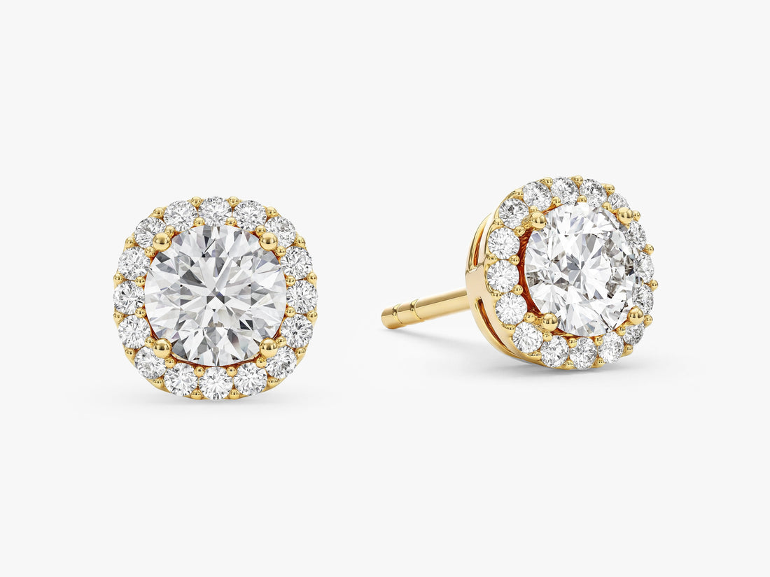 Pair of round pave halo lab grown diamond stud earrings in yellow gold, E color VVS2 lab grown diamonds