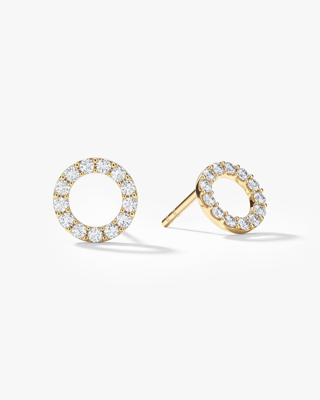 Pair of round pave open circle lab grown diamond stud earrings in yellow gold, E color VVS2 lab grown diamonds