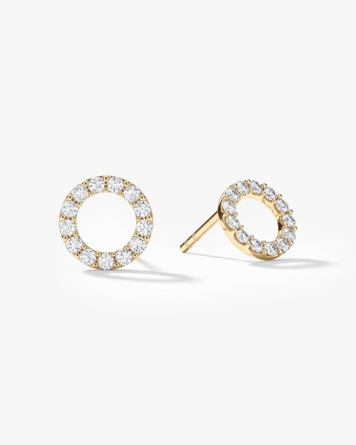Pair of round pave open circle lab grown diamond stud earrings in yellow gold, E color VVS2 lab grown diamonds