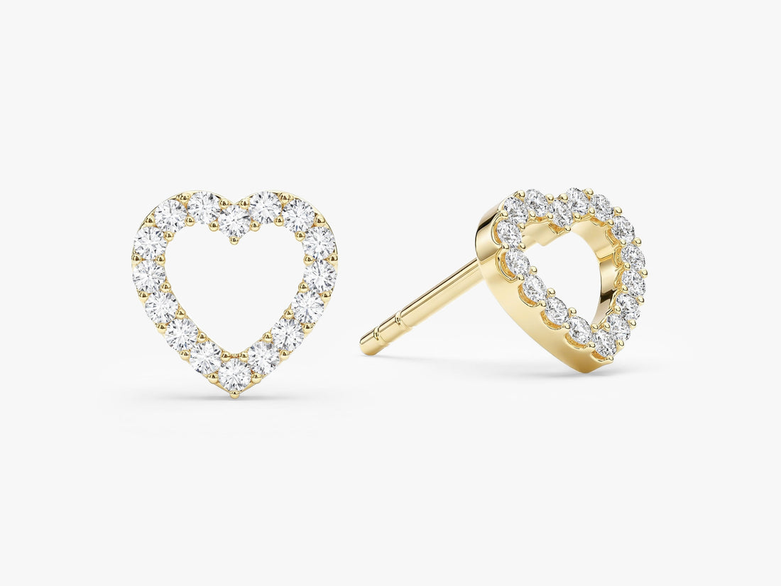 Pair of round pave open heart lab grown diamond stud earrings in yellow gold, E color VVS2 lab grown diamonds