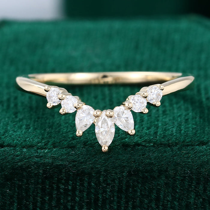 Round, Pear and Marquise moissanite crown curved wedding band, front view in yellow gold