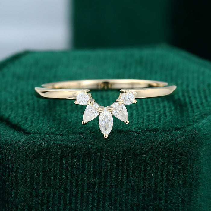 Round, Pear and Marquise moissanite fan curved wedding band, front view in yellow gold
