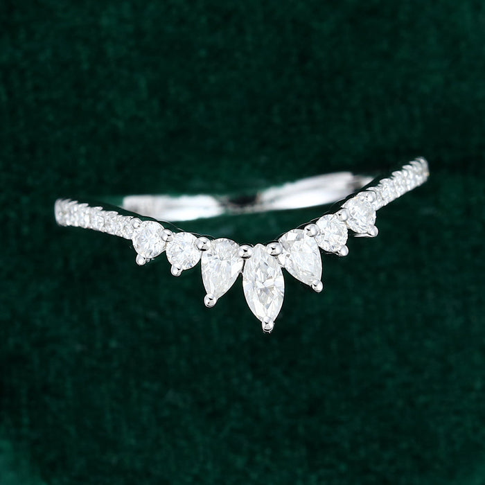Round, Pear and Marquise moissanite pave crown curved wedding band, front view in white gold