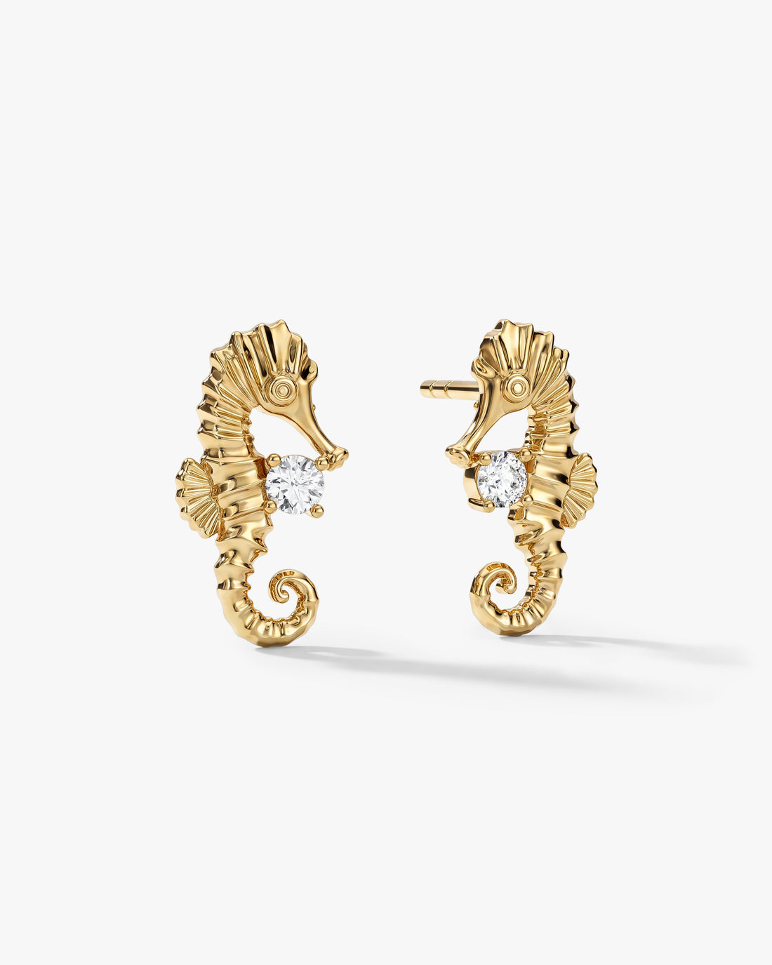 Pair of round seahorse motif lab grown diamond stud earrings in yellow gold, E color VVS2 lab grown diamonds
