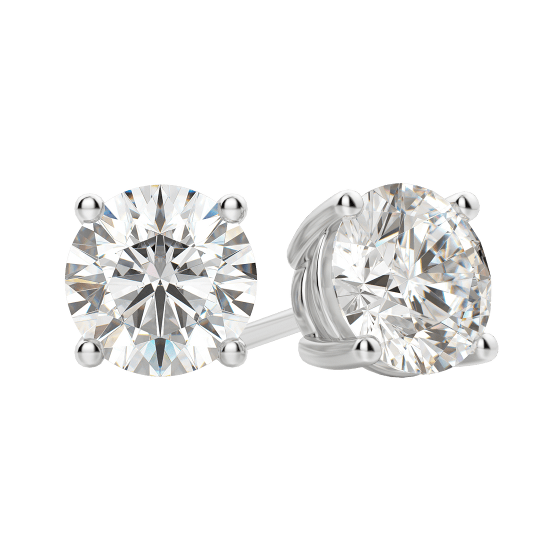 Close up of a pair of white gold four prong round lab grown diamond stud earrings