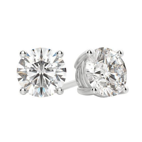 Close up of a pair of white gold four prong round lab grown diamond stud earrings