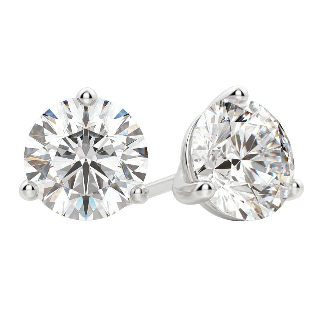 Close up of a pair of white gold three prong round lab grown diamond stud earrings