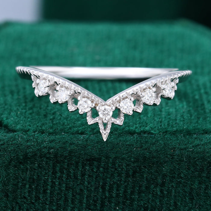 Round moissanite tiara milgrain curved wedding band, front view in white gold