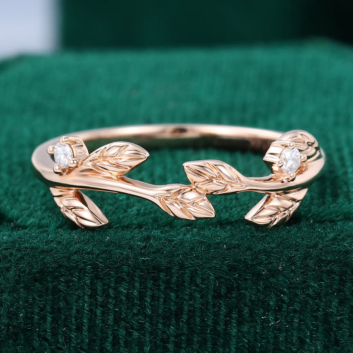 Round moissanite twig leaf wedding band, front view in rose gold