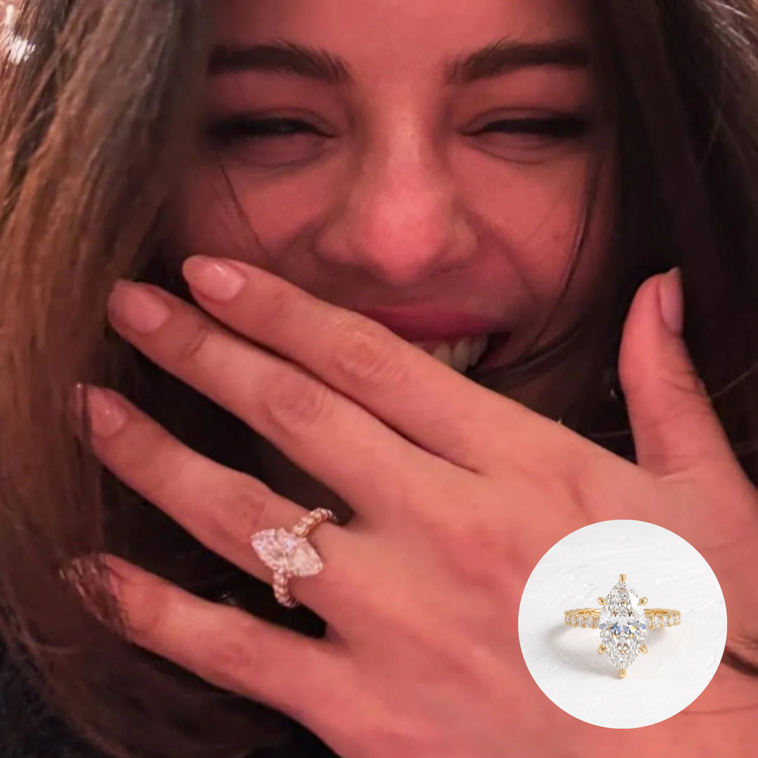 Reference photo of Selena Gomez with our Selena Gomez inspired marquise pavé ring shown inset