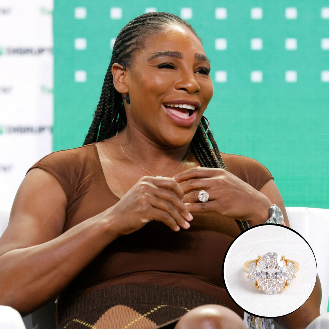 Reference photo of Serena Williams with our Serena Williams inspired oval and half moon three stone ring shown inset