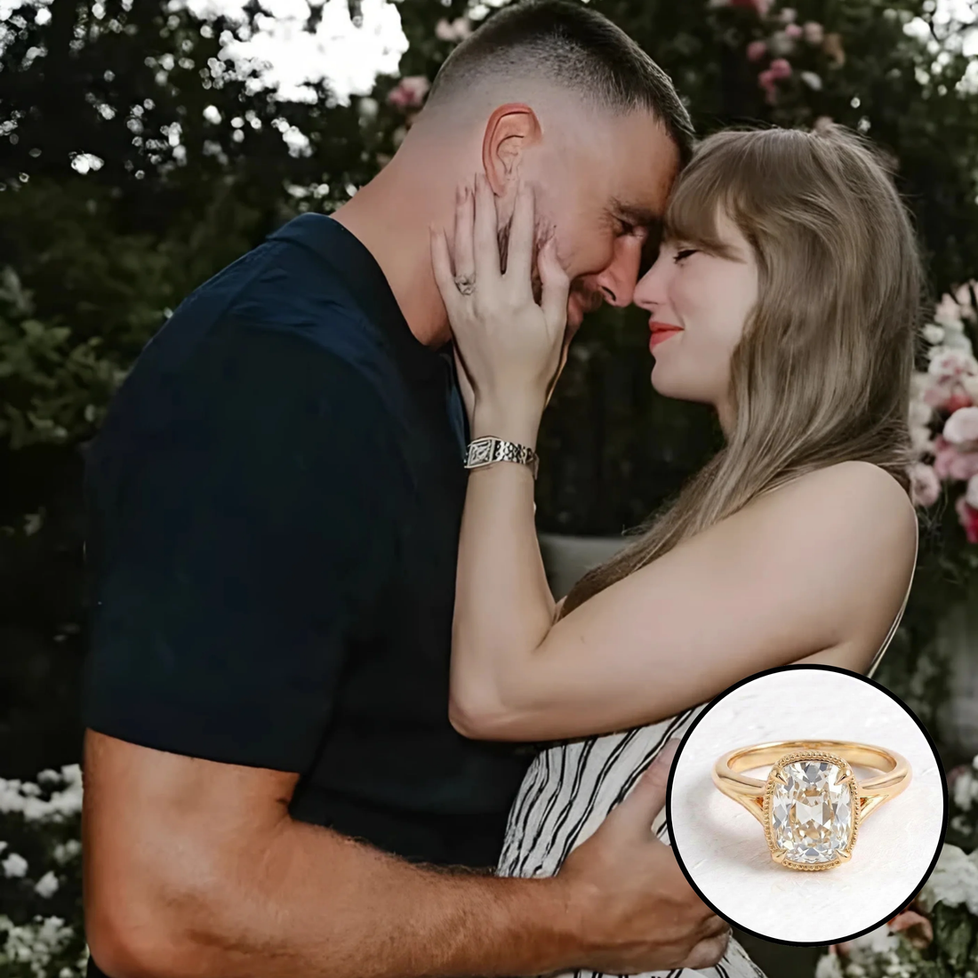 Reference photo of Taylor Swift with our Taylor Swift inspired old mine cushion bezel ring shown inset