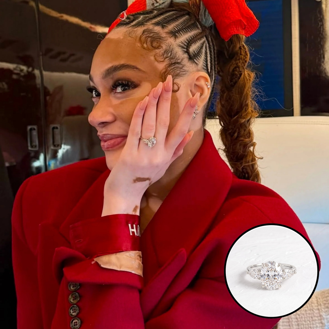 Reference photo of Winnie Harlow with our Winnie Harlow inspired oval and pear three stone ring shown inset